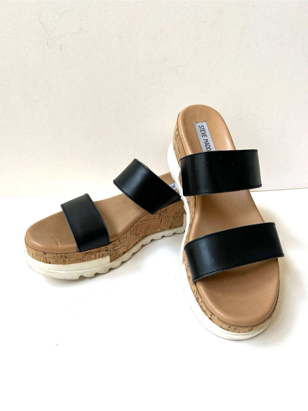 Steve Madden Blaine Black Cork Platform Slide Wedges size 9.5